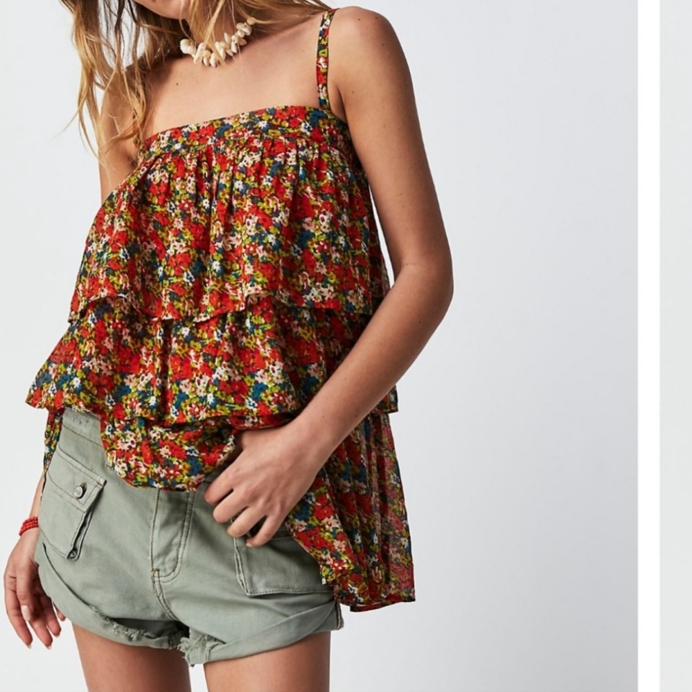 EUC Free People Floral Ruffle Blouse - Red and Green